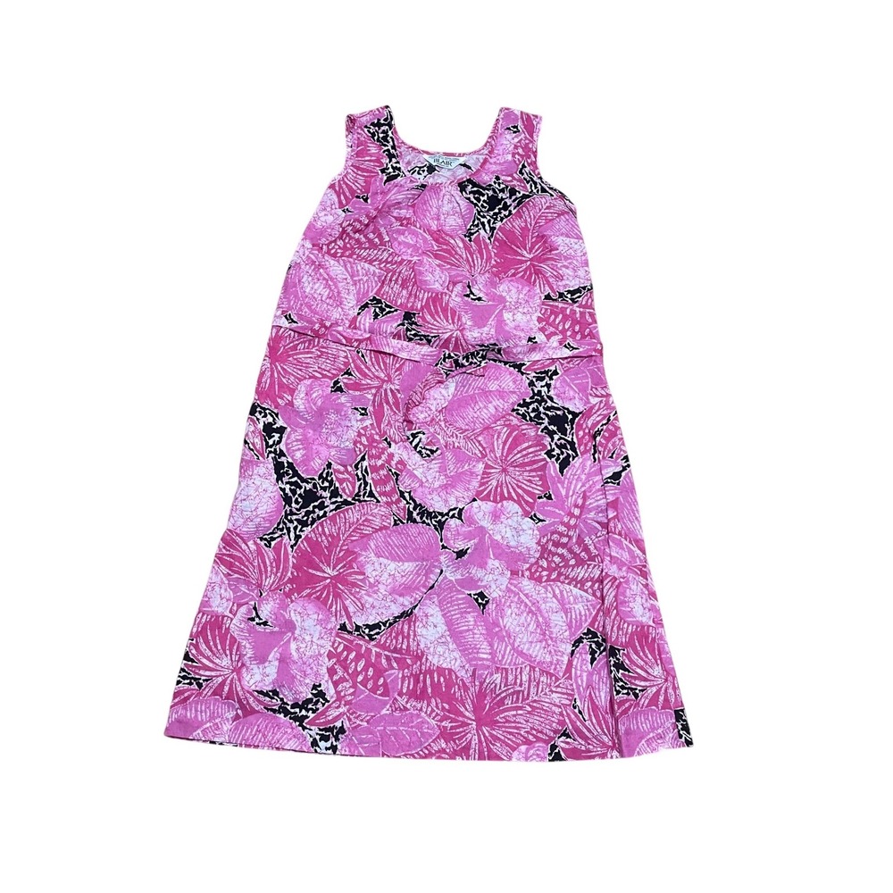 VTG Blair Women's L Pink Black Tropical Floral Midi Tank Dress Pockets Belted
